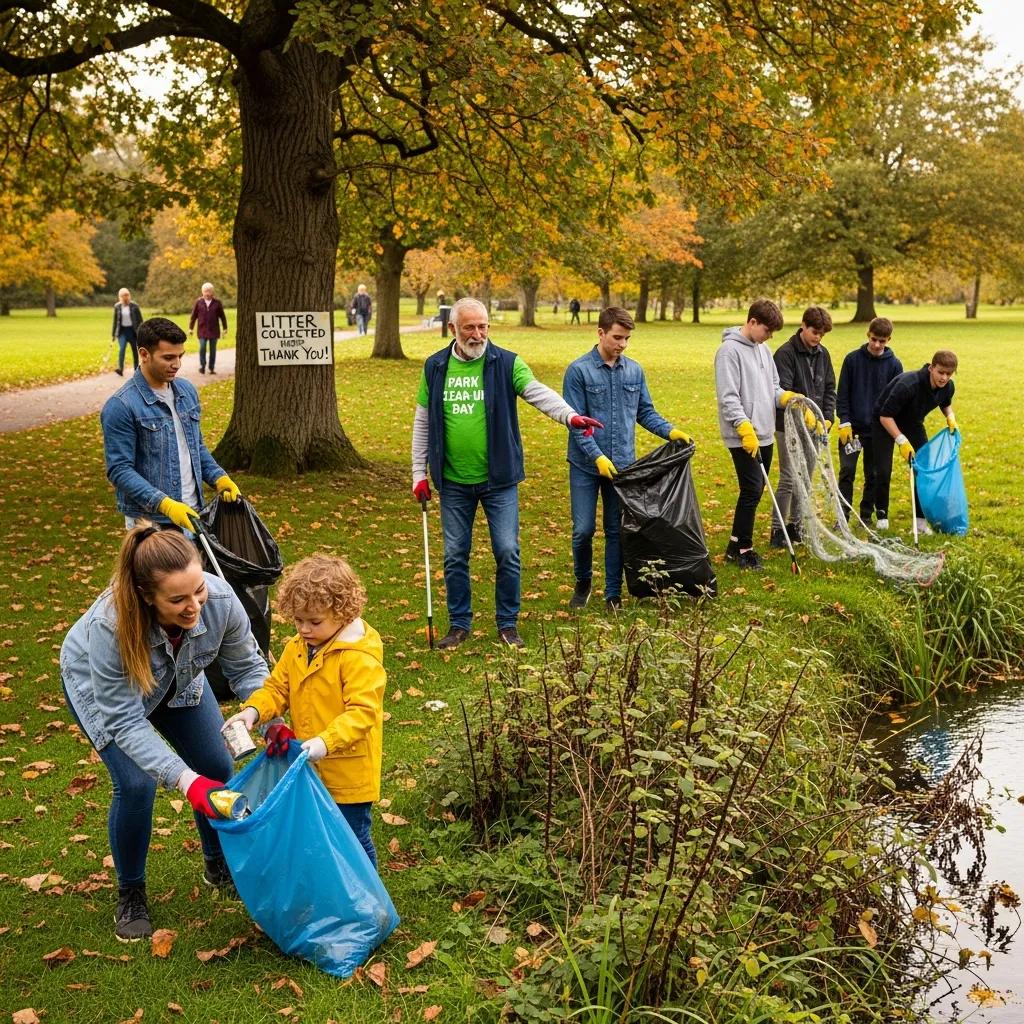 Volunteers engaging in a community clean-up event in a natural area